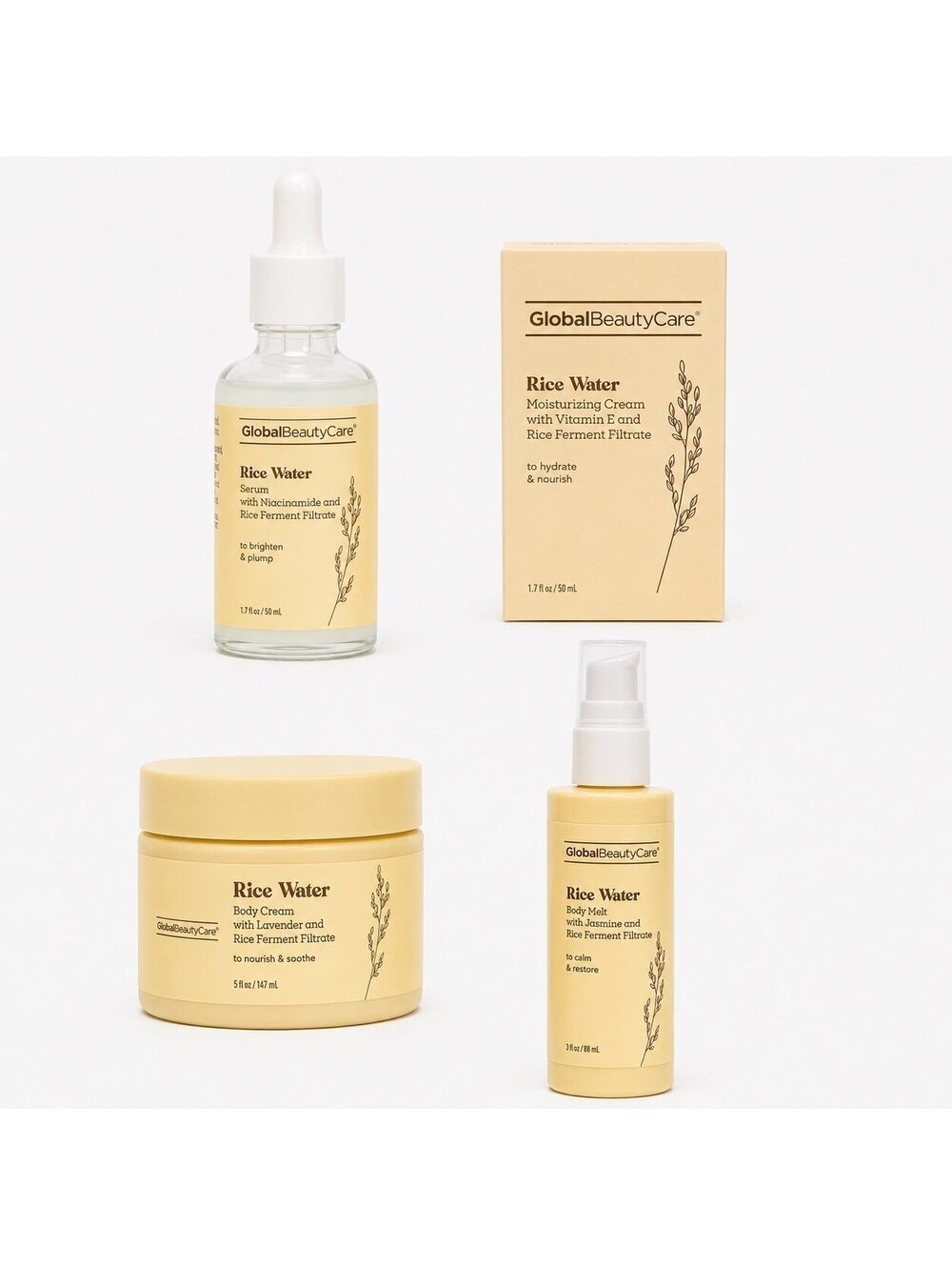 Global Beauty Care Rice Water NEW Face and Body 4-Piece Skincare Set HTF